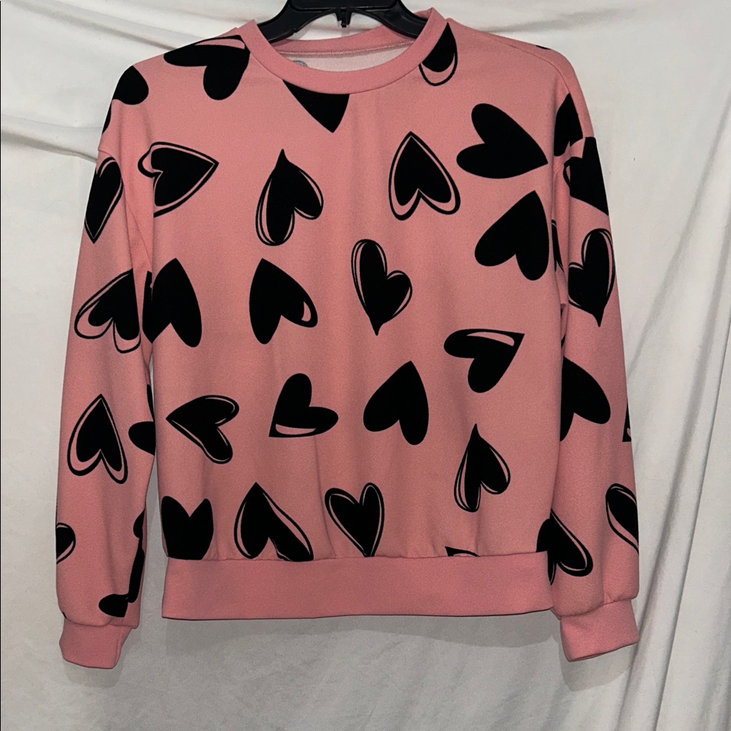 Shein Pink Heart Pattern Crew Neck Sweater-Fits More Like A Large